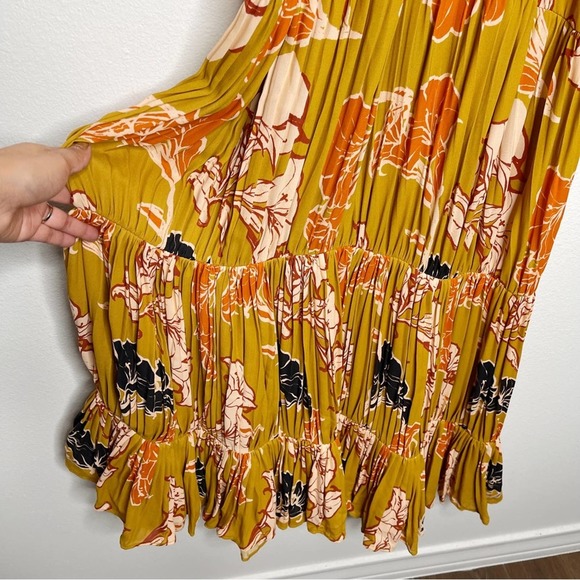 Johanna Ortiz Whiskey Sour Golden Blossom Velvet Trim Pleated Maxi Dress - Picture 11 of 15